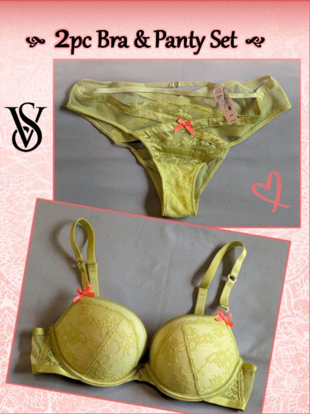 Fun Lime Lace and Pink Bow Victoria's Secret Bra & Panty Set